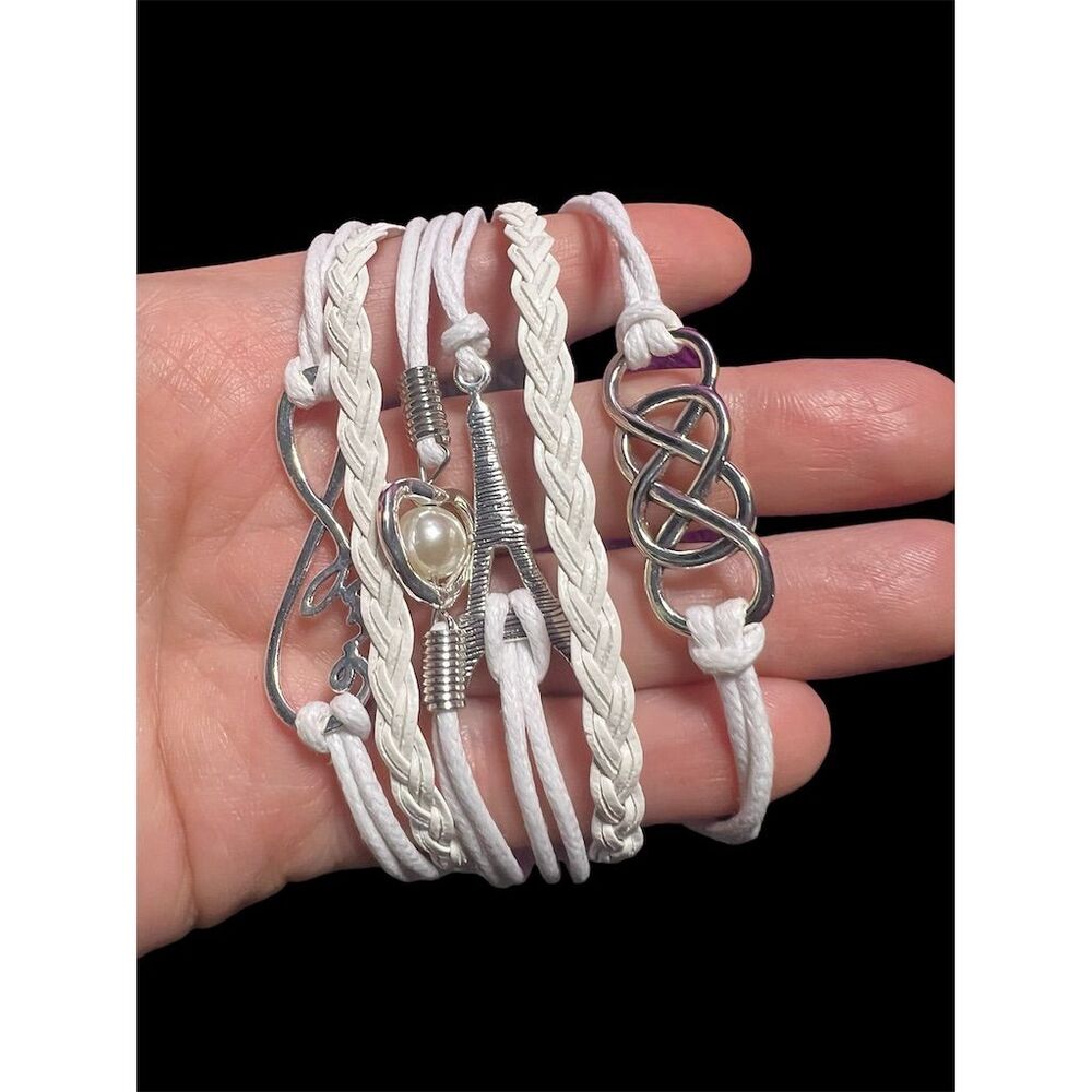 French-Themed Faux Leather Bracelet w/ Silver Charms & Pearl - White Adj… - Picture 2 of 8